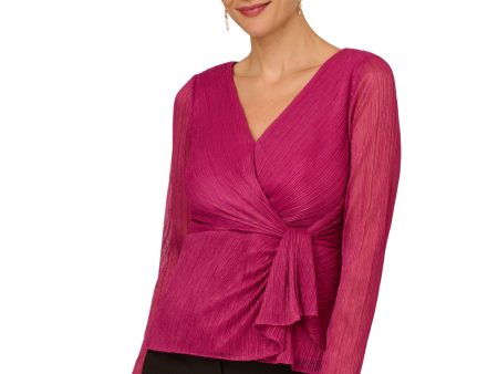 ADRIANNA PAPELL Womens Pink Zippered Ruched Ruffled Tie Waist Long Sleeve Surplice Neckline Evening Faux Wrap Top For Cheap