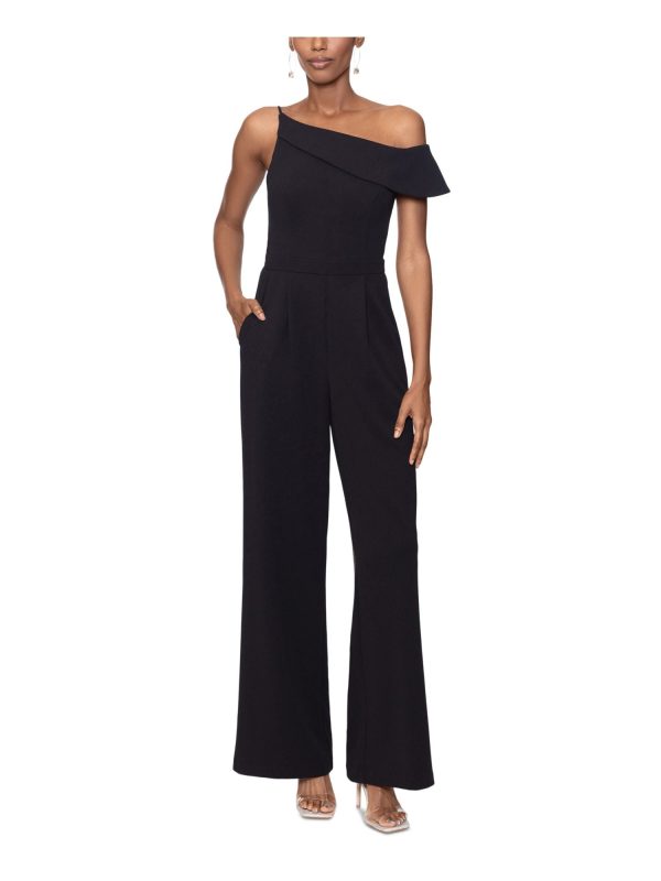 XSCAPE Womens Zippered Flutter Sleeve Asymmetrical Neckline Party Straight leg Jumpsuit on Sale