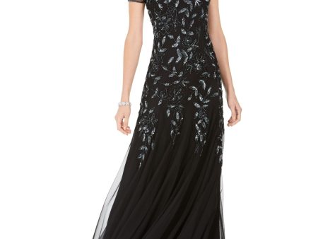 ADRIANNA PAPELL Womens Black Zippered Embellished Lined Sheer Godet Panels Floral Short Sleeve Crew Neck Full-Length Evening Gown Dress Sale