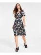 BAR III DRESSES Womens Cut Out Floral Short Sleeve V Neck Below The Knee A-Line Dress For Discount