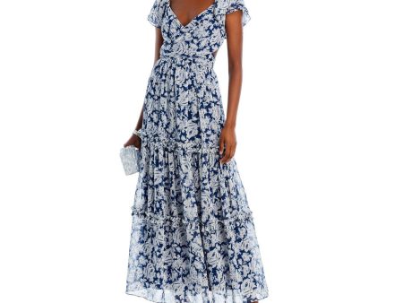 AQUA Womens Cut Out Floral Flutter Sleeve V Neck Maxi Party Fit + Flare Dress Cheap