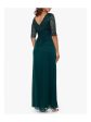 BETSY & ADAM Womens Green Zippered Scalloped Ruched Waterfall Ruffle V-back Elbow Sleeve V Neck Full-Length Formal Gown Dress Online Hot Sale