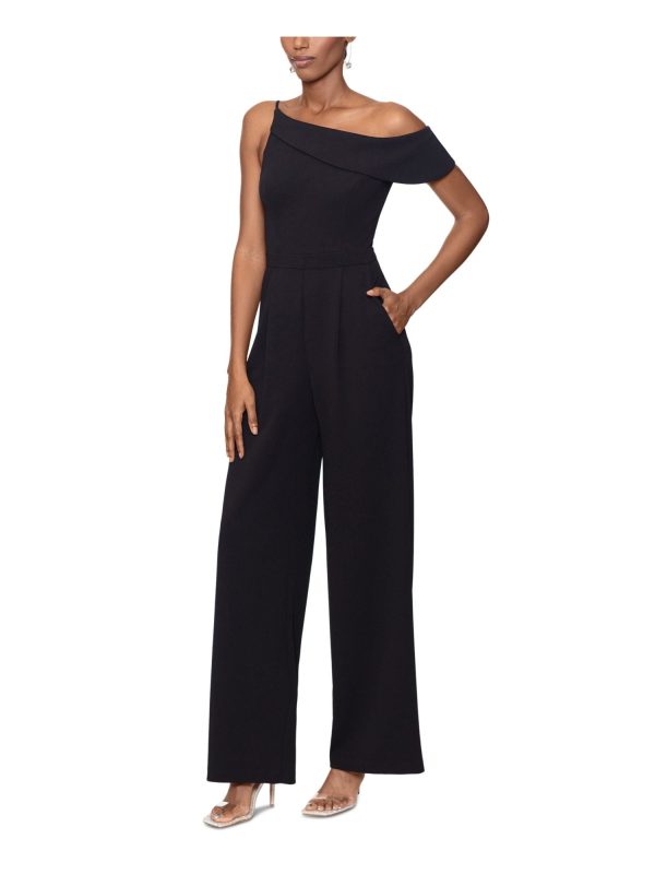 XSCAPE Womens Zippered Flutter Sleeve Asymmetrical Neckline Party Straight leg Jumpsuit on Sale