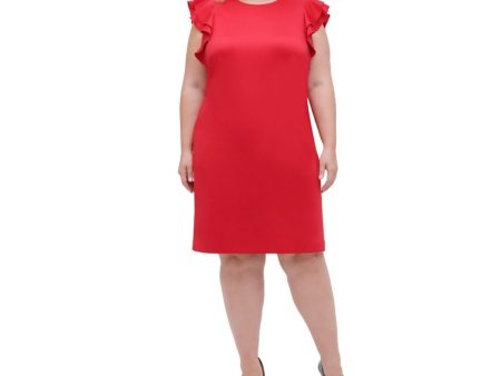 TOMMY HILFIGER Womens Red Ruffled Zippered Cap Sleeve Jewel Neck Knee Length Cocktail Shift Dress Sale