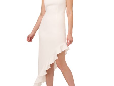 ADRIANNA PAPELL Womens Ivory Zippered Lined Ruffled Asymmetrical Hem Sleeveless Square Neck Tea-Length Party Sheath Dress Online Hot Sale