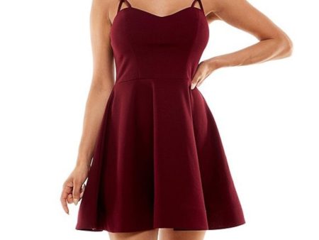 B DARLIN Womens Burgundy Stretch Zippered Darted Lined Spaghetti Strap Sweetheart Neckline Mini Party Fit + Flare Dress Sale