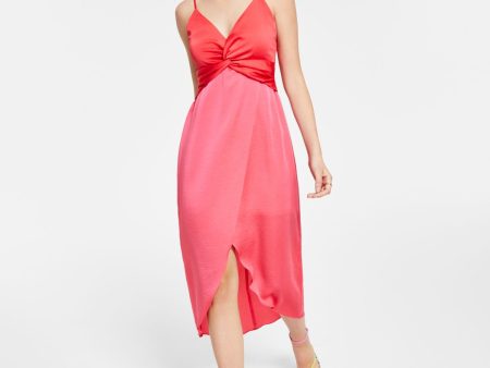 BAR III Womens Pink Zippered Lined Tulip Slit Color Block Spaghetti Strap Surplice Neckline Below The Knee Sheath Dress Online Sale