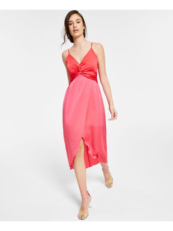 BAR III Womens Pink Zippered Lined Tulip Slit Color Block Spaghetti Strap Surplice Neckline Below The Knee Sheath Dress Online Sale