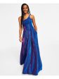 B DARLIN Womens Blue Pleated Zippered Open Strappy Back Lined Spaghetti Strap Asymmetrical Neckline Full-Length Formal Gown Dress on Sale