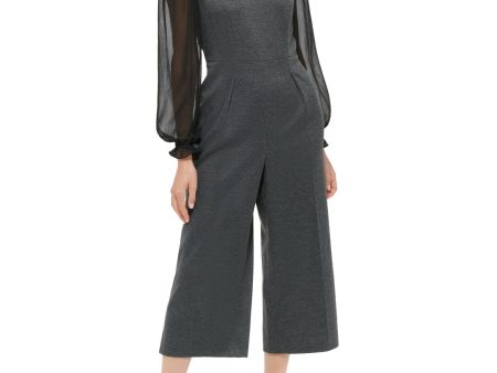 TOMMY HILFIGER Womens Gray Zippered Ruffled Tie Neck Herringbone Long Sleeve Wear To Work Cropped Jumpsuit Online Sale