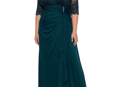 BETSY & ADAM Womens Green Sequined Lace Zippered V-back Lined Elbow Sleeve V Neck Full-Length Evening Gown Dress Supply