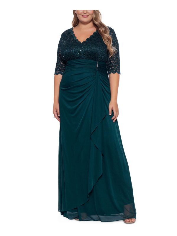 BETSY & ADAM Womens Green Sequined Lace Zippered V-back Lined Elbow Sleeve V Neck Full-Length Evening Gown Dress Supply