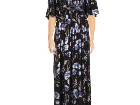 ADRIANNA PAPELL Womens Black Pleated Zippered Metallic Floral Kimono Sleeve V Neck Full-Length Evening Gown Dress For Cheap