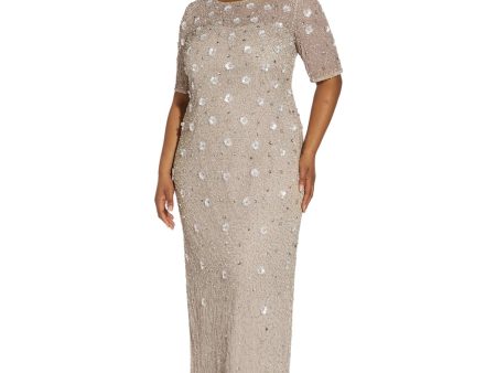 ADRIANNA PAPELL Womens Beige Zippered Lined Beaded 3-d Floral Slit Back Elbow Sleeve Jewel Neck Full-Length Evening Sheath Dress For Discount