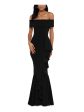 BETSY & ADAM Womens Black Zippered Cascade-ruffle Gown Short Sleeve Off Shoulder Full-Length Formal Mermaid Dress Hot on Sale