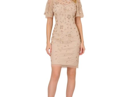 ADRIANNA PAPELL Womens Beige Embellished Zippered Lined Mesh Floral Flutter Sleeve Illusion Neckline Short Evening Sheath Dress Sale