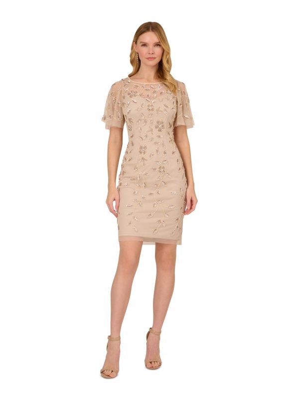 ADRIANNA PAPELL Womens Beige Embellished Zippered Lined Mesh Floral Flutter Sleeve Illusion Neckline Short Evening Sheath Dress Sale