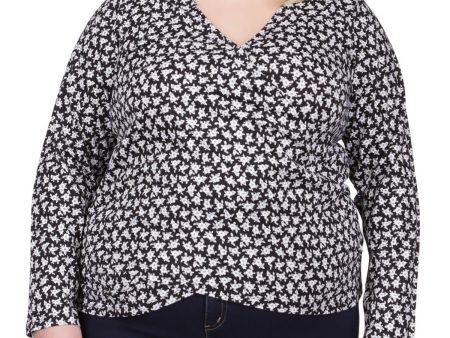 MICHAEL KORS Womens Black Floral Long Sleeve Surplice Neckline Faux Wrap Top Online Sale