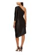 AIDAN Womens Black Pleated Zippered Asymmetric Hem Lined 3 4 Sleeve Asymmetrical Neckline Below The Knee Evening Sheath Dress Fashion