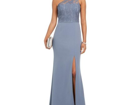 ADRIANNA PAPELL Womens Light Blue Slitted Lace Asymmetrical Neckline Full-Length Evening Dress Supply