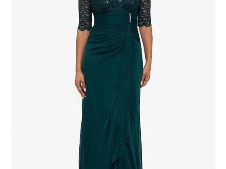 BETSY & ADAM Womens Green Zippered Scalloped Ruched Waterfall Ruffle V-back Elbow Sleeve V Neck Full-Length Formal Gown Dress Online Hot Sale