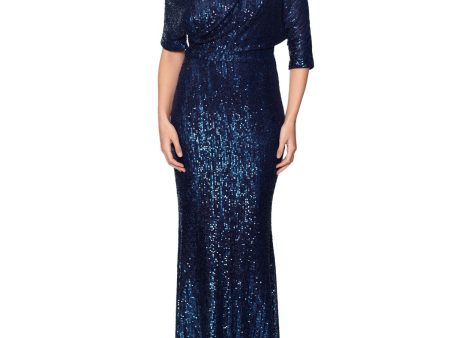 BETSY & ADAM Womens Navy Zippered Lined Blouson-fit Bodice Elbow Sleeve Asymmetrical Neckline Full-Length Evening Gown Dress Online Sale