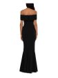 BETSY & ADAM Womens Black Zippered Cascade-ruffle Gown Short Sleeve Off Shoulder Full-Length Formal Mermaid Dress Hot on Sale