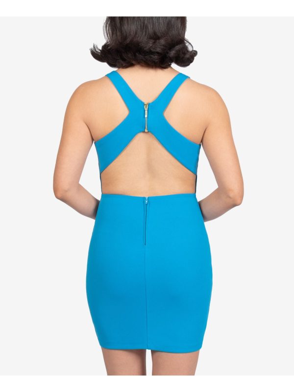 B DARLIN Womens Blue Zippered Crisscross Back Sleeveless Sweetheart Neckline Mini Evening Sheath Dress Online now