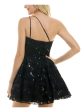 B DARLIN Womens Black Mesh Sequined Adjustable One Shoulder Lined Sleeveless Asymmetrical Neckline Short Party Fit + Flare Dress on Sale