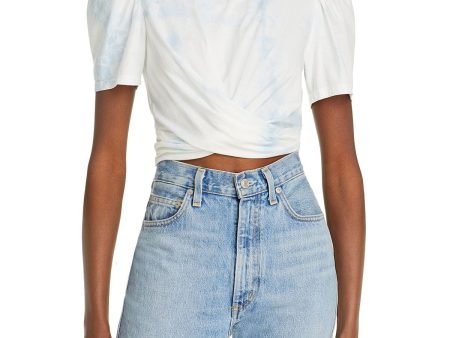 A.L.C. Womens Light Blue Pleated Ruched Twist Front Tie Dye Pouf Sleeve Crew Neck Crop Top For Discount