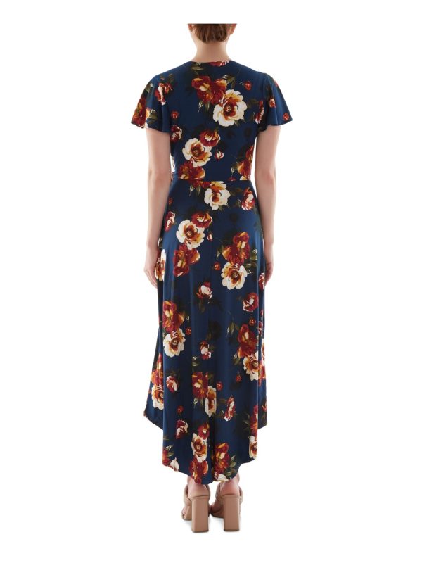 BCX DRESS Womens Stretch Belted Floral Flutter Sleeve Surplice Neckline Midi Wear To Work Hi-Lo Dress on Sale