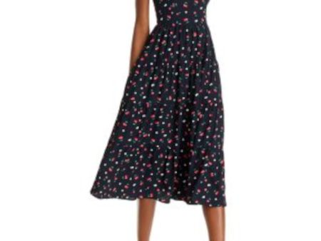 AQUA Womens Navy Lined Smocked Back Tiered Skirt Printed Sleeveless Sweetheart Neckline Midi Fit + Flare Dress Discount