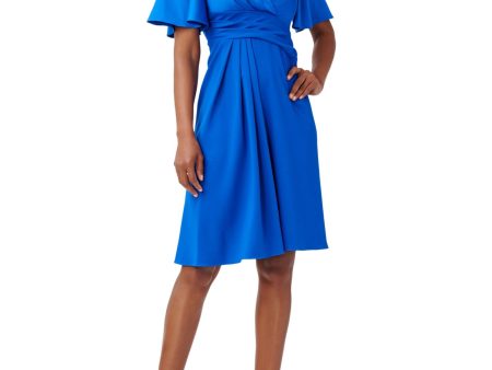 ADRIANNA PAPELL Womens Blue Pleated Zippered Flutter Sleeve Surplice Neckline Above The Knee Cocktail Fit + Flare Dress Hot on Sale