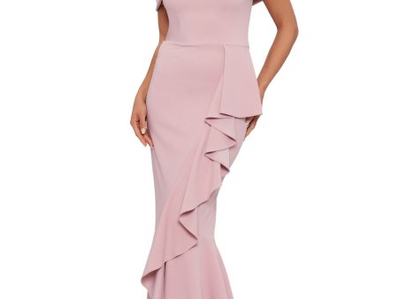 BETSY & ADAM Womens Pink Zippered Lined Cascade-ruffle Gown Short Sleeve Off Shoulder Full-Length Formal Mermaid Dress on Sale