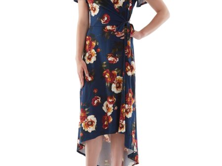 BCX DRESS Womens Stretch Belted Floral Flutter Sleeve Surplice Neckline Midi Wear To Work Hi-Lo Dress on Sale