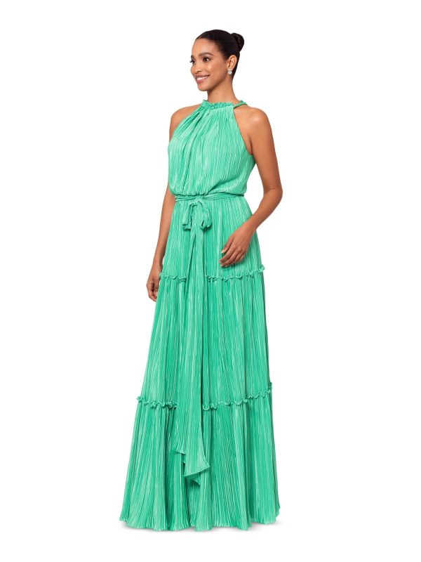 BETSY & ADAM Womens Green Pleated Belted Ruffled Zippered Lined Sleeveless Halter Full-Length Cocktail Gown Dress Online Hot Sale