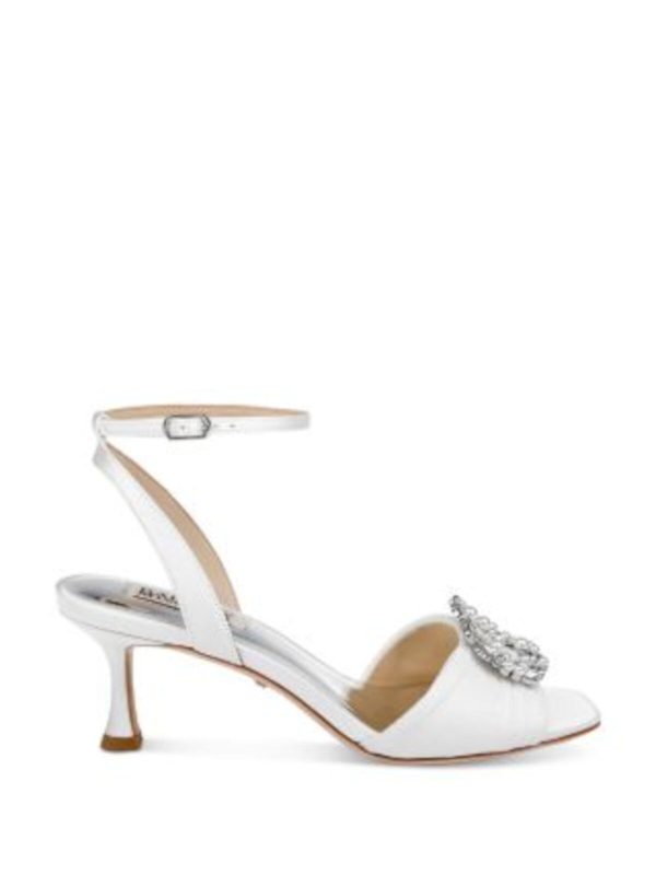 BADGLEY MISCHKA Womens White Mixed Media Embellished Hardware Ankle Strap Padded Demi Square Toe Flare Buckle Dress Heeled Online Hot Sale