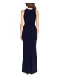 BETSY & ADAM Womens Navy Zippered Lined Cascading Ruffle High-slit Sleeveless Scoop Neck Full-Length Formal Gown Dress Hot on Sale