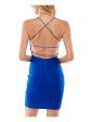 B DARLIN Womens Blue Stretch Gathered Zippered Strappy Lined Spaghetti Strap V Neck Mini Party Body Con Dress Online now