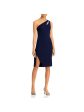 AQUA Womens Navy Textured Zippered Crepe Keyhole Slitted Sleeveless Asymmetrical Neckline Above The Knee Cocktail Sheath Dress For Sale