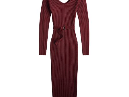 ALMOST FAMOUS Womens Burgundy Ribbed Belted V-back Long Sleeve V Neck Midi Wear To Work Body Con Dress Online