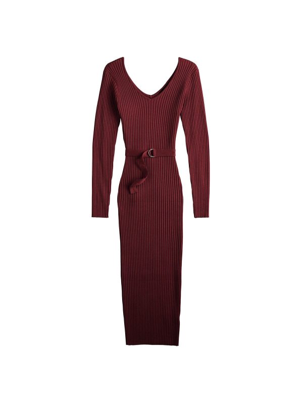 ALMOST FAMOUS Womens Burgundy Ribbed Belted V-back Long Sleeve V Neck Midi Wear To Work Body Con Dress Online