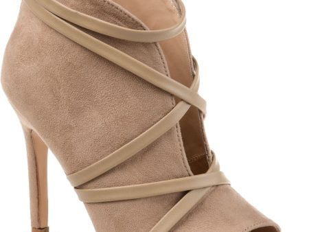 JOURNEE COLLECTION Womens Gray Beige Mixed Media Asymmetrical Straps Deep Open Slit Padded Samara Peep Toe Stiletto Zip-Up Dress Booties M Cheap