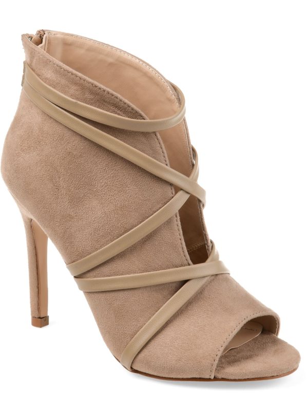 JOURNEE COLLECTION Womens Gray Beige Mixed Media Asymmetrical Straps Deep Open Slit Padded Samara Peep Toe Stiletto Zip-Up Dress Booties M Cheap