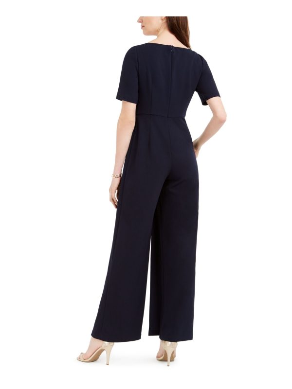 ADRIANNA PAPELL Womens Navy Short Sleeve Asymmetrical Neckline Evening Wide Leg Jumpsuit Cheap