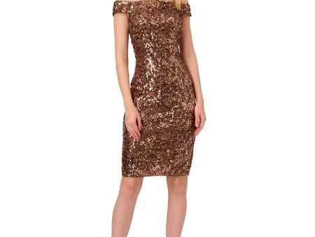 ADRIANNA PAPELL Womens Brown Zippered Lined Short Sleeve Off Shoulder Above The Knee Party Sheath Dress Online