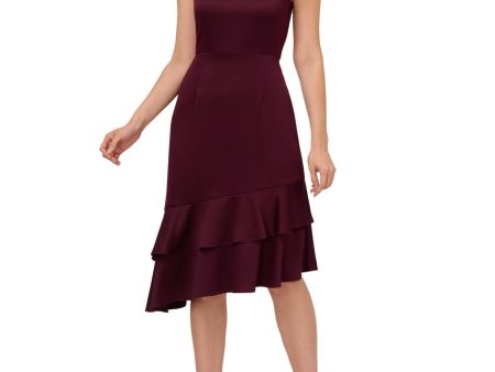 ADRIANNA PAPELL Womens Purple Ruched Zippered Double Ruffled Asymmetric Hem Sleeveless Halter Below The Knee Party Fit + Flare Dress For Discount