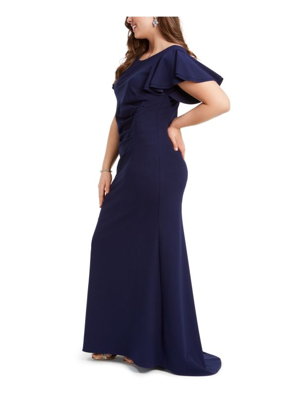 BETSY & ADAM Womens Navy Ruched V-back Scuba Crepe Flutter Sleeve Full-Length Evening Dress Fashion