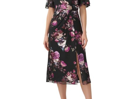 ADRIANNA PAPELL Womens Black Zippered Ruched Slitted Lined Floral Flutter Sleeve Surplice Neckline Midi Wear To Work Faux Wrap Dress on Sale