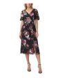 ADRIANNA PAPELL Womens Black Zippered Ruched Slitted Lined Floral Flutter Sleeve Surplice Neckline Midi Wear To Work Faux Wrap Dress on Sale